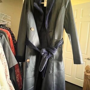 Anthropologie Navy Trench Coat with Faux Fur Trim